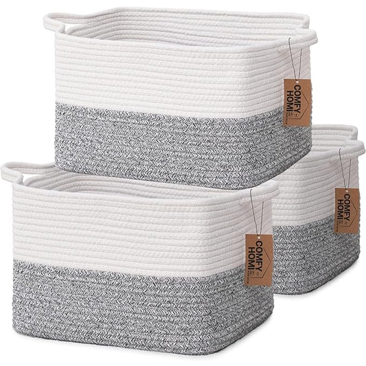 COMFY-HOMI 3-Pack Cotton Rope Woven Basket with Handles for Shelves, Book, Cloth Basket|Dog Toy Basket for Organizingy|13.5" x 11" x 9.5" for Bedroom(White/Grey)