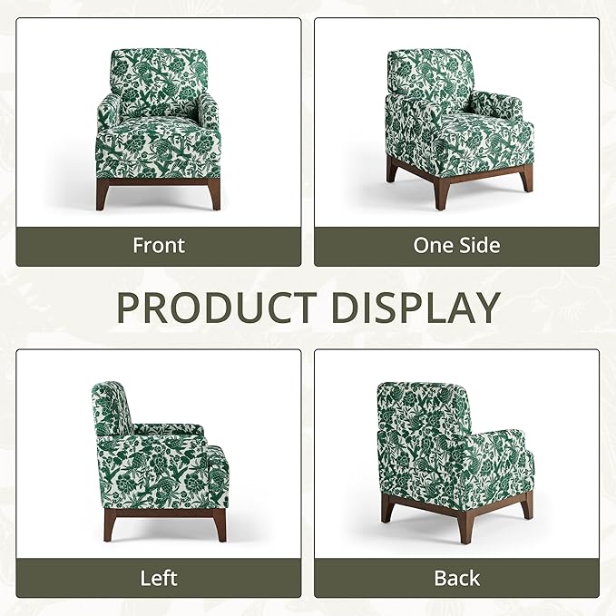 Floral Accent Armchair, Retro Wingback Upholstered Armchair with Wide Dipped Back Design and Wooden Legs, High Back Armchair, Leisure Single Sofa Chair for Living Room, Bedroom, Balcony, Green