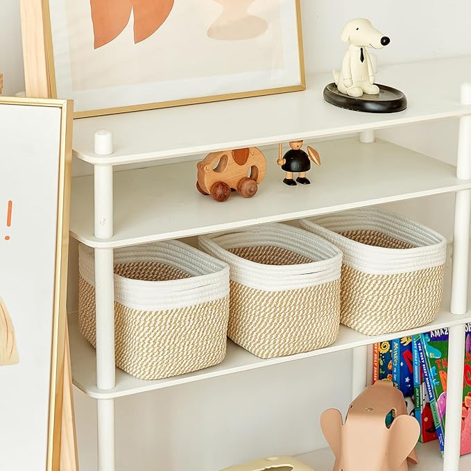 Small Cotton Rope Storage Basket Set of 3-11"x7"x7" Perfect Woven Baskets for Storage, Ideal Storage Baskets for Organizing Toys, Towels, and More - Baskets for Shelves(White & Mixed Camel)