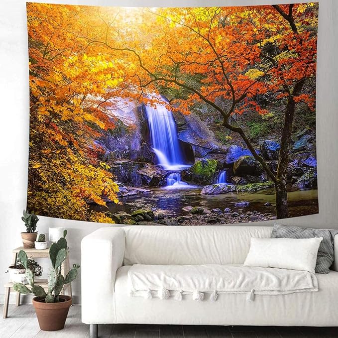 Delur Waterfall Tapestry Forest Nature Scenic Tree Mountain Sunset Tapestry Wall Hanging Natural Landscape Sunrise Headboard for Bedroom Living Room Home Decor (70.8" x 92.5")