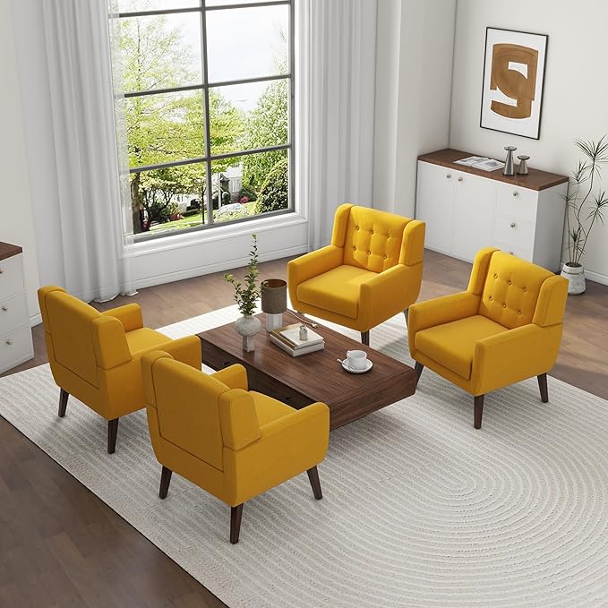 UIXE Accent Chairs Set of 2, Modern Armchair Upholstered Arm Chair in Fabric for Living Room, Comfy Single Sofa Seats Button Tufted Reading Seating, Yellow