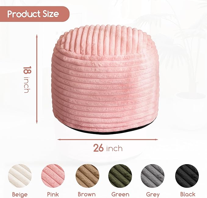 HIGOGOGO Round Stuffed Pouf Ottoman, Stripe Faux Fur Poufs with Foam Chunk Filling, Furry and Fluffy Pouf Foot Stool Storage Ottoman, 26 X 18 Floor Poufs Foot Rest for Living Room, Pink