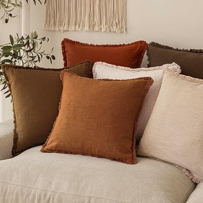 Foindtower Set of 2 Decorative Linen Fringe Throw Pillow Covers Cozy Boho Farmhouse Cushion Cover with Tassels Soft Accent Pillowcase for Couch Sofa Bed Living Room Home Decor, 26×26 Inch, Orange