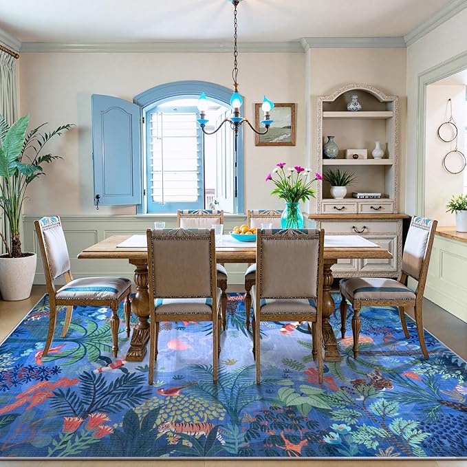 LIVEBOX Washable Bedroom Rug 8x10 Under Bed, Modern Stain Resistant Botanical Rug for Living Room Playroom Kids Boy Room, Non-Slip Jungle Forest Print Rugs for Nursery Baby