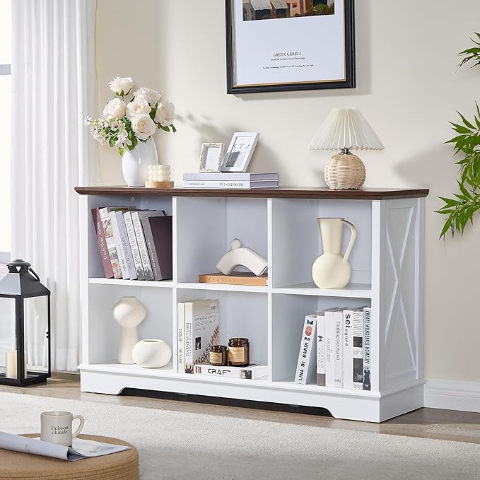 Farmhouse 6 Cube Bookshelf, White Storage Organizer Bookcase, Kids Toy Storage Cabinet, Long Bookshelves Storage Organizer Shelf, Wood Display Cabinet Book Shelves for Bedroom,Living Room,Office