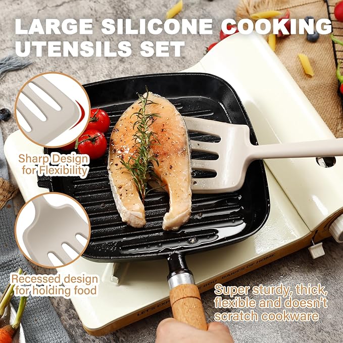 QMVESS Silicone Cooking Utensils Set, Kitchen Utensils Set 7 Pcs with Long Wooden Handle, Food Grade and Heat Resistant Large Silicone Spatula Set for Nonstick Cookware, BPA Free(Khaki)