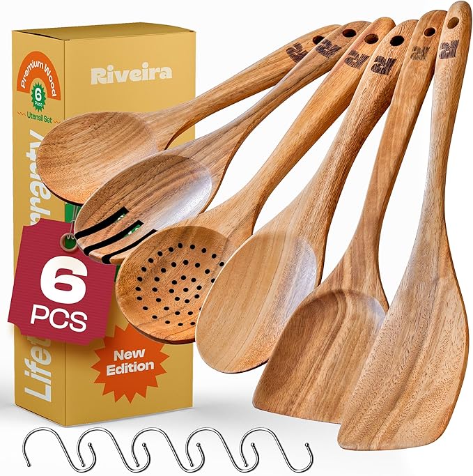 Riveira's 6-Piece Kitchen Essentials - Wooden Spoons for Cooking and Comprehensive Cooking Utensils Set