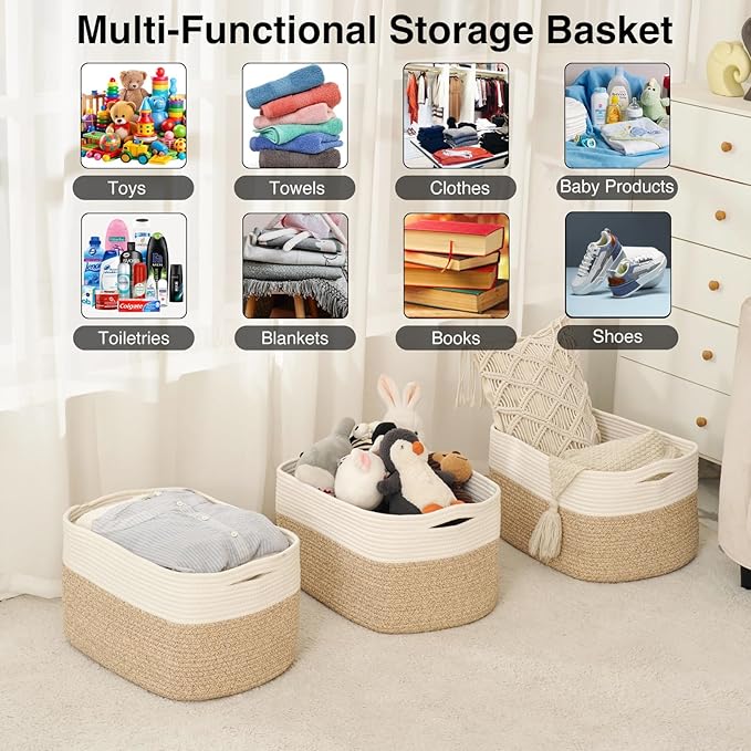 Large Storage Baskets for Organizing Shelves, Woven Cotton Rope Bins for Baby Nursery Organization, Book Toy Towel Organizer, 17"x13"x9.5", 3 Packs, Off White & Brown