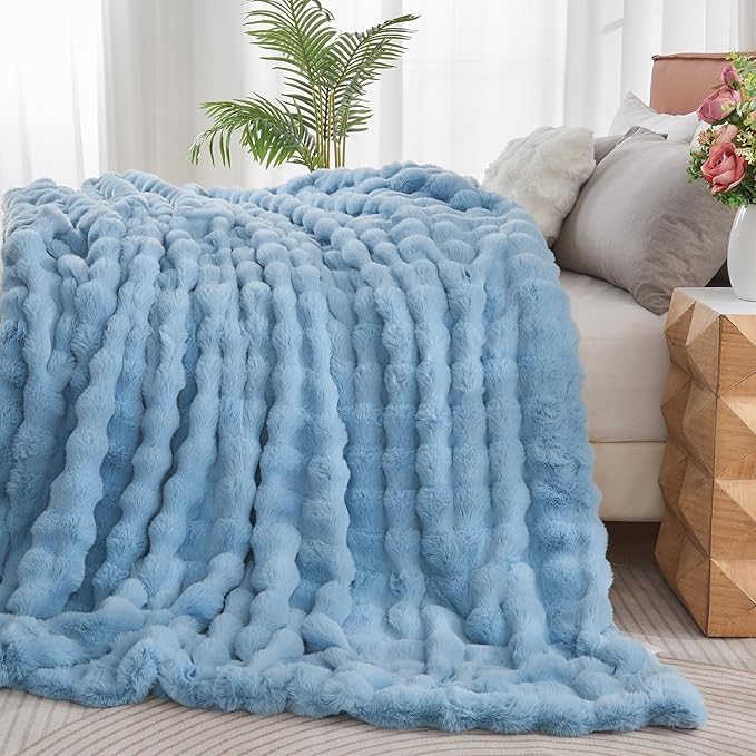 Lotus Karen Faux Fur Throw Blanket Sky Blue - Big Bubble Rabbit Fluff Blanket for Couch Bed Sofa,Softest Fluffy Fuzzy Cozy Blanket,Thick Furry Plush Shaggy Warm Blankets for Women,90x90 Inches