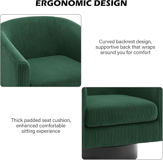 Swivel Barrel Accent Chair, Modern Round Corduroy Fabric Arm Chair for Living Room, Bedroom, Comfy Club Reading Chairs for Adults, Corduroy Dark Green