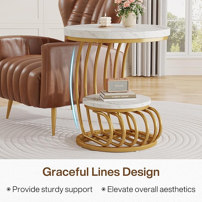 Tribesigns Gold Round End Table: 2 Tiers Faux Marble Side Table with Storage Shelf, Modern White Gold Bedside Nightstand, Metal Arc-Shaped Frame Accent Table for Living Room, Bedroom