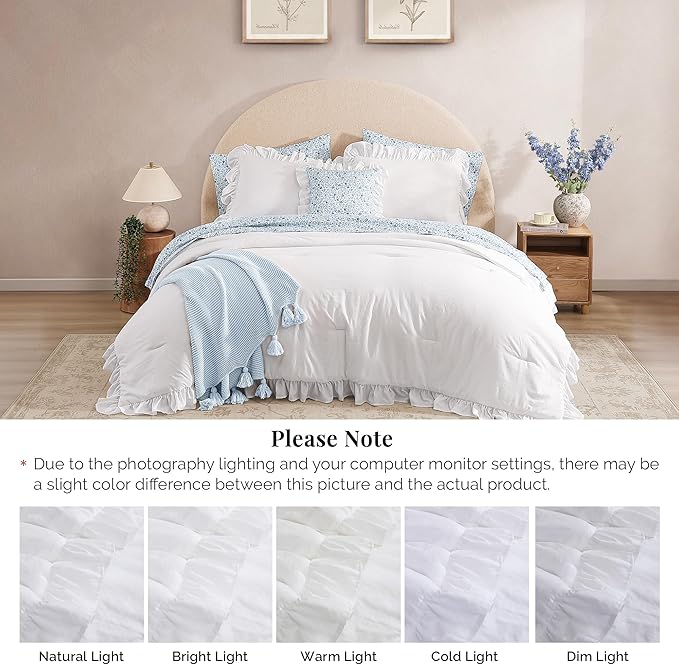 Twin XL Comforter Set - 5 Pieces Ruffle White Bedding Sets, Shabby Chic Farmhouse Bed in a Bag Twin XL with Ruffle Comforter, Floral Sheets, Pillowcases & Shams