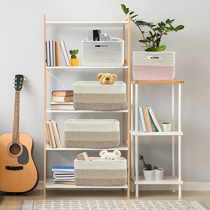 COMFY-HOMI Cotton Rope Woven Basket with Handles for Shelves,Toys,Book, Cloth Storage Baskets for Organizing-17" x 13" x 7.5" Toy Decorative Organizer for Living Room, Bathroom (white/3 brown)