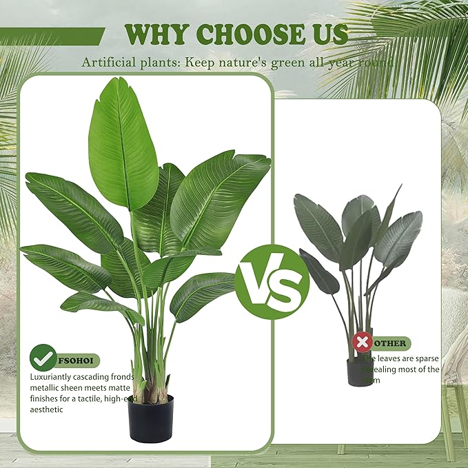 Lifelike Bird of Paradise Silk Artificial Plant Faux Banana Leaf Tree for Home Decor - Perfect Indoor Floor Plant with 9 Trunks (1, Black Planter, 4 FT)