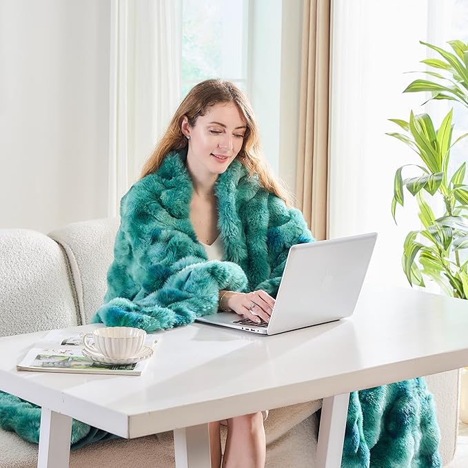 Lotus Karen Faux Fur Throw Blanket Tie-Dye Green - Big Bubble Rabbit Fluff Blanket for Couch, Large Fluffy Fuzzy Cozy Blanket,Thick Furry Plush Shaggy Blankets,108x90 Inches