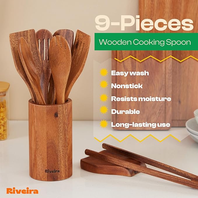 Riveira Walnut Wooden Spoons for Cooking Set of 9 – Natural Walnut Wooden Cooking Utensils, Spatula, Spoon - Premium Quality Utensil Set for Non-Toxic Cooking