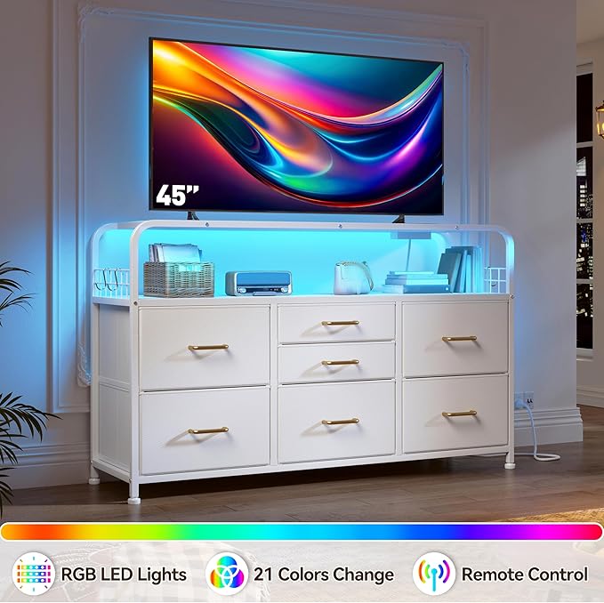 TV Stand for Bedroom with LED Lights & Charging Station, 7 Drawer with Open Shelf, Media Console for Living Room & Chest of Drawers for Closet, Entryway, Hallway, 4 Hooks, White