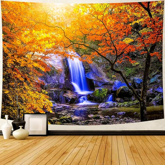 Delur Waterfall Tapestry Forest Nature Scenic Tree Mountain Sunset Tapestry Wall Hanging Natural Landscape Sunrise Headboard for Bedroom Living Room Home Decor (59.1" x 78.7")