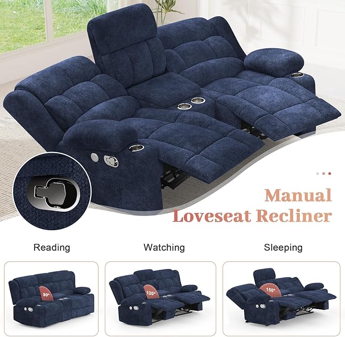 Loveseat Recliner Sofa, 2 Seater Curved Sofa for Living Room, Fabric Manual Pull Tab Reclining Loveseat with Storage Console, Recliner Loveseat Couches with USB Charge Ports, Cup Holders, Blue