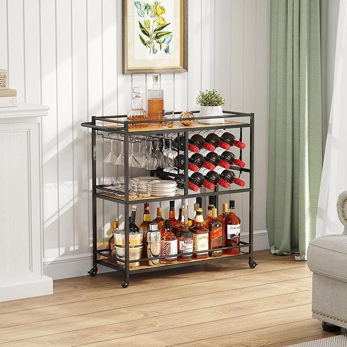 Lifewit Bar Cart for The Home, 3 Tier Drink Cart with Lockable Wheels, 12 Wine Rack and 3 Rows Glass Holders, Liquor Serving Cart for Kitchen Dining Livingroom, 31.6" x 13.1" x 33.9", Rustic Brown
