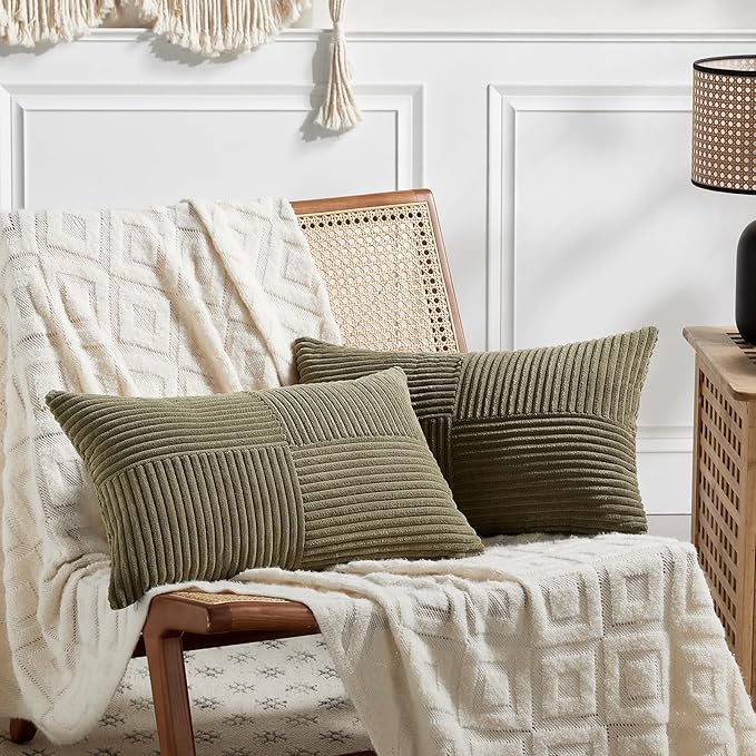 Fancy Homi 2 Packs Olive Green Long Lumbar Decorative Throw Pillow Covers 16x24 Inch for Couch Bed Sofa, Rustic Farmhouse Boho Home Decor, Soft Striped Corduroy Rectangle Accent Cushion Case 40x60 cm