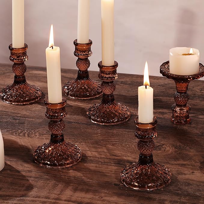 12Pcs Amber Candlestick Holders Set- 4" H Taper Candle Holders Bulk, Glass Candle Holders for Wedding, Party, Fall Dinner Table Centerpieces, Festival Gifts & Windowsill Decor