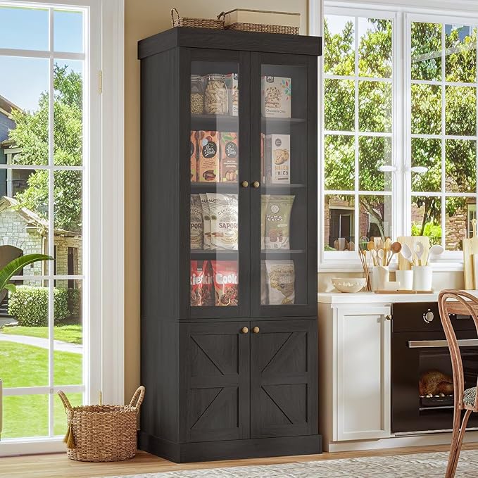 Vyre 71" Tall Farmhouse Bookshelves with Glass Doors and Drawers, Set of 3 – Large Modular Bookcase with Adjustable Shelves, Storage Cabinet for Living Room, Kitchen, Black