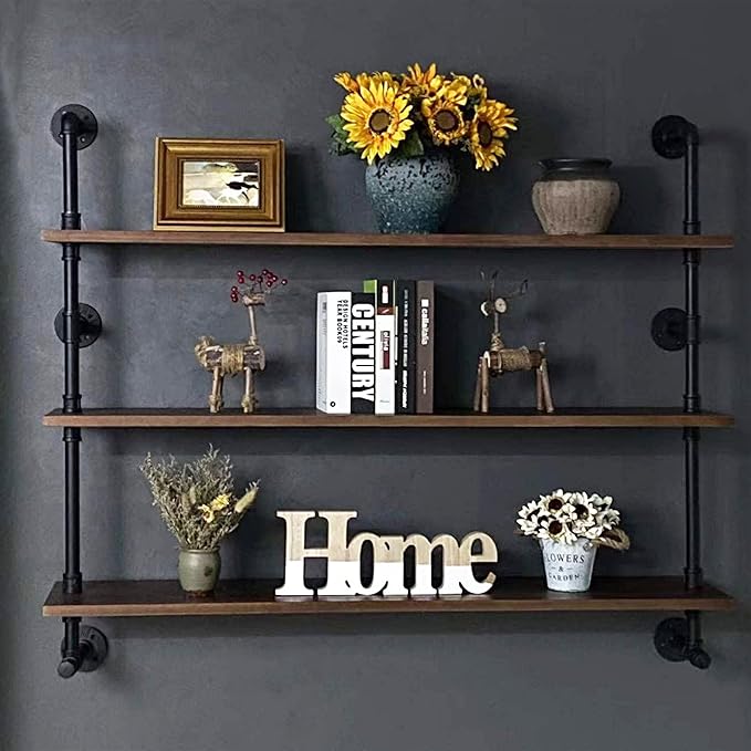 Industrial Pipe Wall Shelves Pipe Shelving with Real Wood Plank ,48 Inches Floating Shelves for Wall Farmhouse Pipe Book Shelves Dark Brown 3 Tier for Kitchen,Living Room Decor and Bar Shelving
