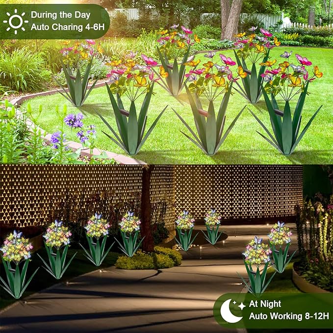 Homight Solar Metal Agave Butterfly Flower Stick Garden Sculpture - Outdoor Christmas Lights With Swaying Butterfly Sunflower - Solar Outdoor Gift (3 PCS Green)