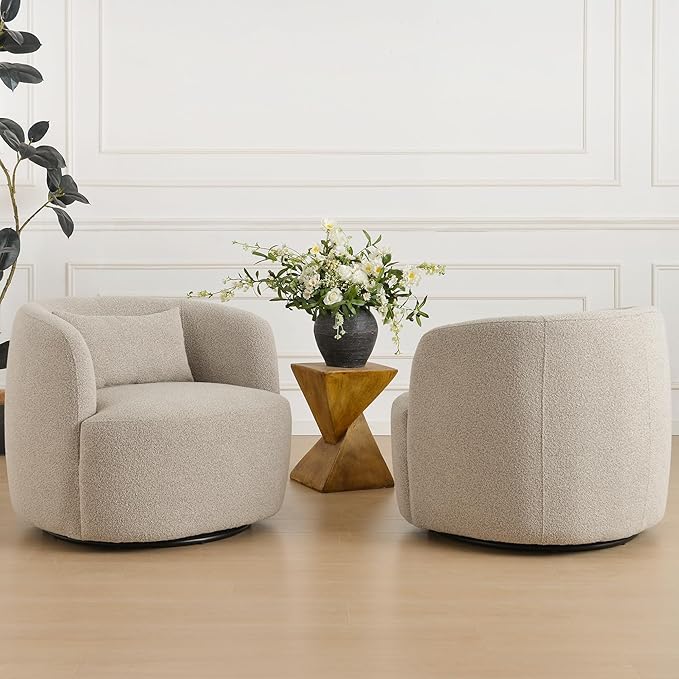 KINWELL 34" Wide Sherpa Swivel Barrel Chairs Set of 2, No Assembly Round Boucle Upholstered Accent Chairs Armchairs Single Sofa Chair with Toss Pillow for Living Room and Bedroom, Taupe