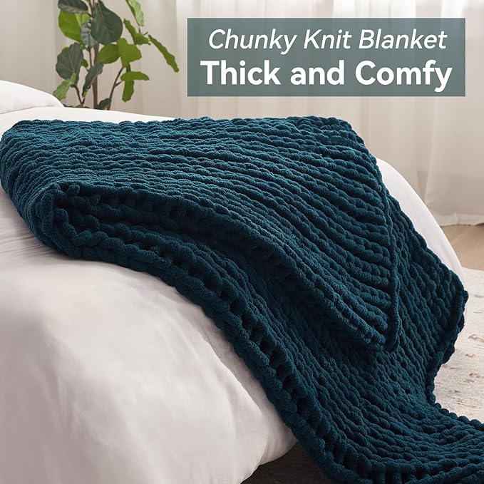 Chunky Knit Throw Blanket, 60''*80'' Knitted Throw Chenille Yarn for Bed Couch, Handmade Peacock Blue Crochet Big Thick Blanket, Machine Washable Cute Comfy Blanket for Home Decor