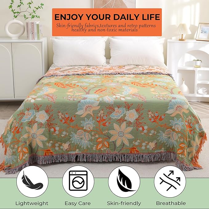 Boho Fall Throw Blanket for Bed,100% Ultra Cotton Soft Breathable Bed Throw Floral Printed Farmhouse Decor Rustic Bed Throws for Couch Sofa Quilt 90" x 98"-Orange& Sage Green