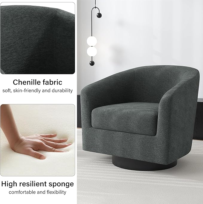 Swivel Barrel Accent Chair, Modern Round Chenille Fabric Arm Chair for Living Room, Bedroom, Comfy Club Reading Chairs for Adults(Chenille Fabric, Grey, Set of 2