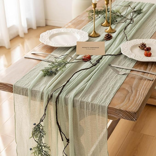 3pcs Cheesecloth Table Runner Sage Green Gauze 120 Inch 10 FT Rustic Boho Cheese Cloth Runner for Wedding Baby Shower Bridal Shower Party Long Sheer Centerpiece Home Decoration