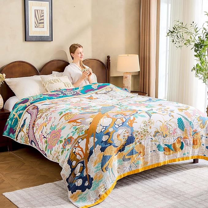 Fall Throw Blanket for Couch, Yellow Boho Decorative Throw Blanket, 100% Cotton Muslin Breathable Woven Farmhouse Blankets Quilt, 50"x60" Reversible Lightweight Blankets Bohemian Throw Quilt