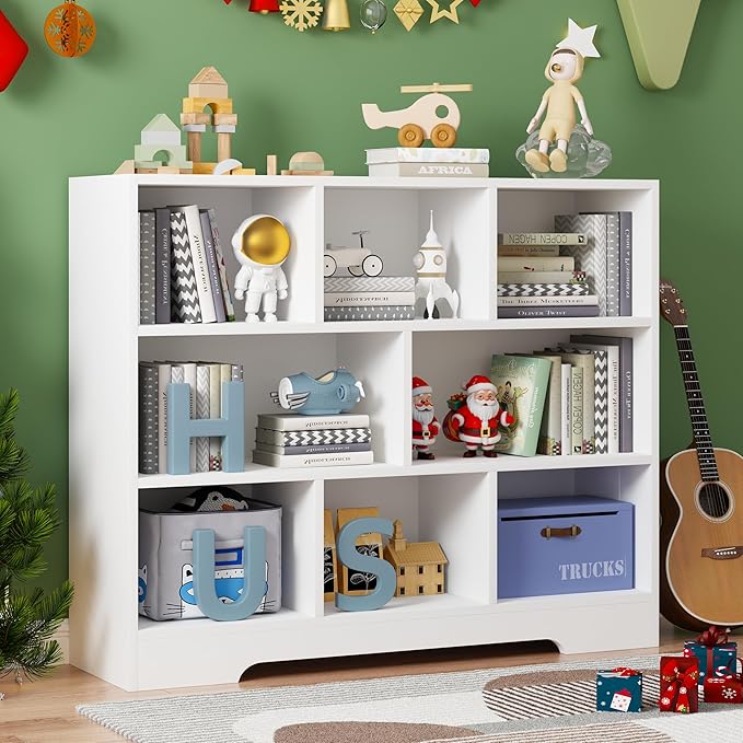 Book Shelf, 8 Cubes Storage Organizer, 3-Tier Open Shelf Wooden Bookcase, Freestanding White Bookshelf Cube Shelf for Bedroom, Living Room