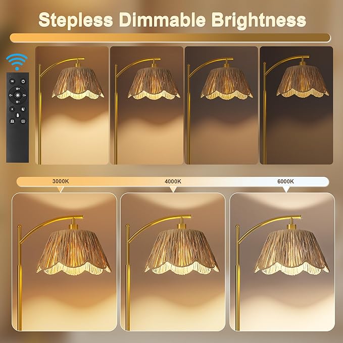 Oneach Boho Floor Lamp with 3 Color Temperatures, Farmhouse Floor Lamps for Living Room with Remote & Dimmable Bulb, Rattan Floor Lamp for Bedroom, Gold