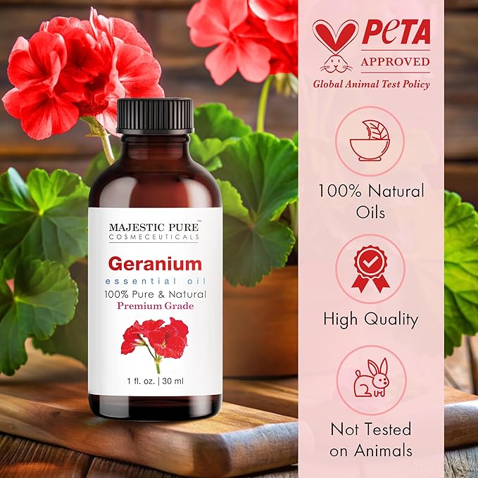 Majestic Pure Geranium Essential Oil with Glass Dropper - 1 Fl Oz - 100% Pure and Natural Geranium Oil - Premium Grade Essential Oils for Diffuser, Aromatherapy, Soap and Candle Making
