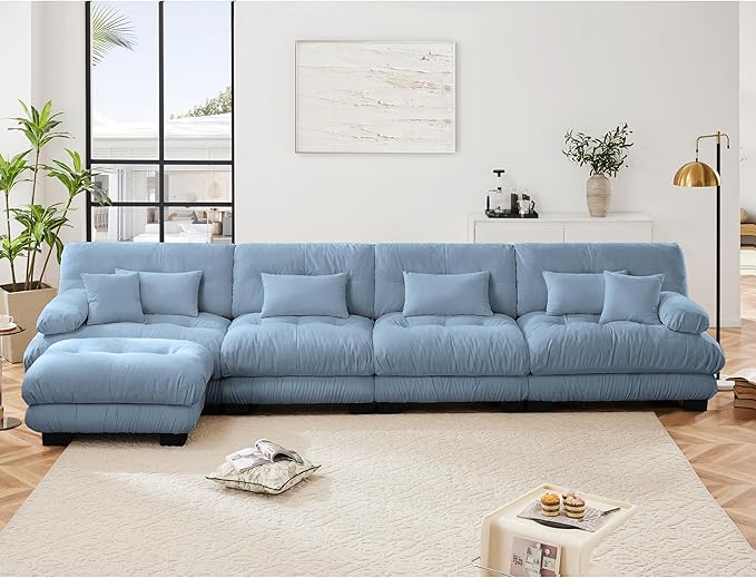 Modular Sectional Sofa, Comfy Cloud Couch 4 Seater Couch with Ottoman, Sectional Couches for Living Room, Modern Chenille L Shaped Couches, Sleeper Deep Seat Sofa with Throw Pillows, Blue