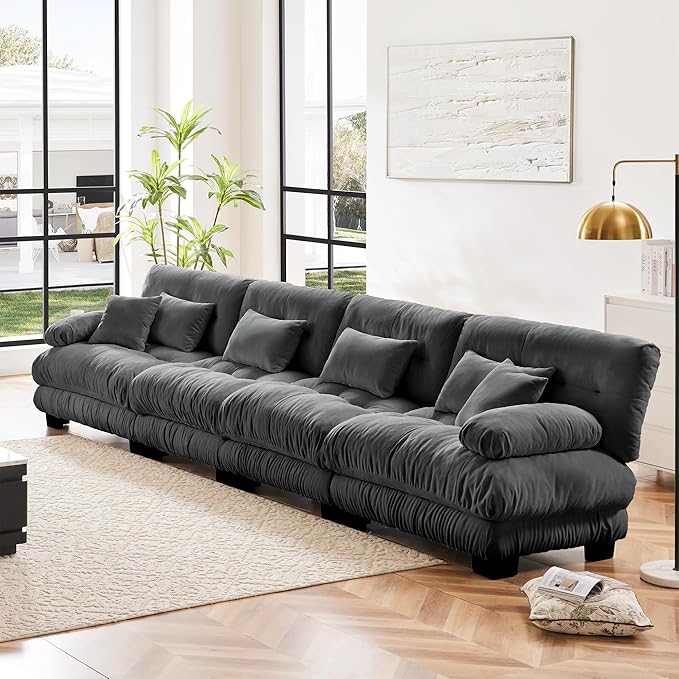 Modular Sectional Sofa Cloud Couch 4-Seater Deep Seat Sofa Couch, Oversized Couch Bed Sectional Couch with Round Bolster Armrests 6 Pillows, Modern Sofa Chair Comfy Couch(Gray)