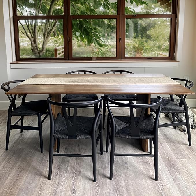 Wishbone Chair Natural Solid Wood Dining Chair/Hans Wegner Y Chair Rattan and Wood Accent Armrest Chairs Set of 4 (Ash Wood + Black 4 Chairs)