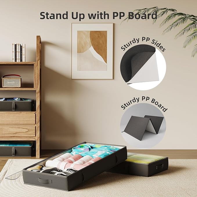 2-Pack Under Bed Storage, 6 Inches Tall Closet Organizers and Storage Bins with Sturdy Sidewalls/Bottom/4 Handles, Black