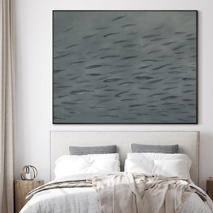 SIGNWIN 46"x60" Extra Large Framed Wall Art Gray School of Fish Minimalist Ocean-Inspired Marine Life Illustration for Home Living Room Bedroom Decor (Frame Assembly Required)
