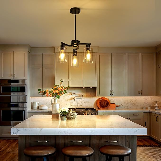 3 Light Modern Dining Chandeliers Over Table,Black Light Fixture for Dining Room,Farmhouse Chandelier with Glass Shade,Industrial Pendant Lighting for Kitchen Island,Foyer,Hallway, Bedroom