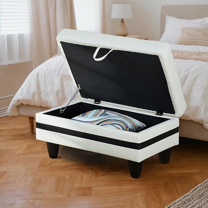Ottoman Rectangular Storage Ottoman Bench, Faux Leather Footrest, Coffee Table, Stool Footstool with Hinged Lid for Living Room, Bedroom, Entryway, White with Black Strip, 35"x23.5"x17.5"