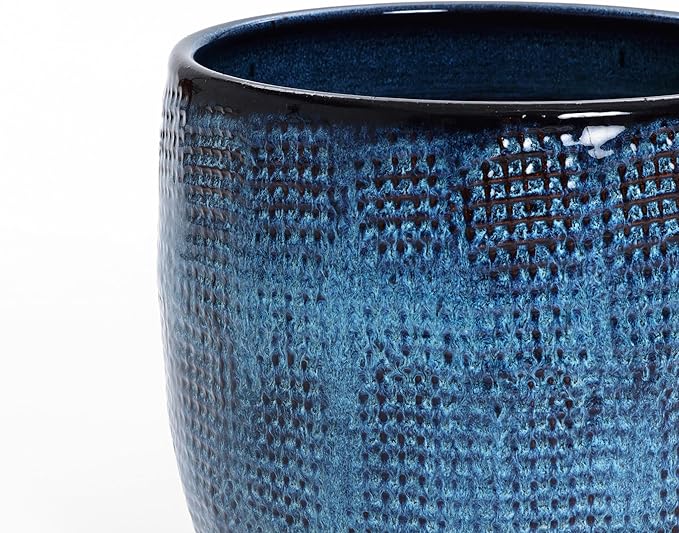 LuxenHome 12" Dia Large Ceramic Pots for Plants, Ocean Blue Glazed Planters for Outdoor Plants, Round Indoor Flower Pots with Drainage Hole and Rubber Plug for Home Garden Patio