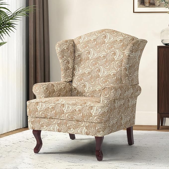 Accent Chair, High Back Upholstered Armchair with High Resilience Sponge & Wood Legs, Mid-Century Modern Comfy Single Sofa Reading Chairs for Living Room, Bedroom (Floral Sand, Set of 2)