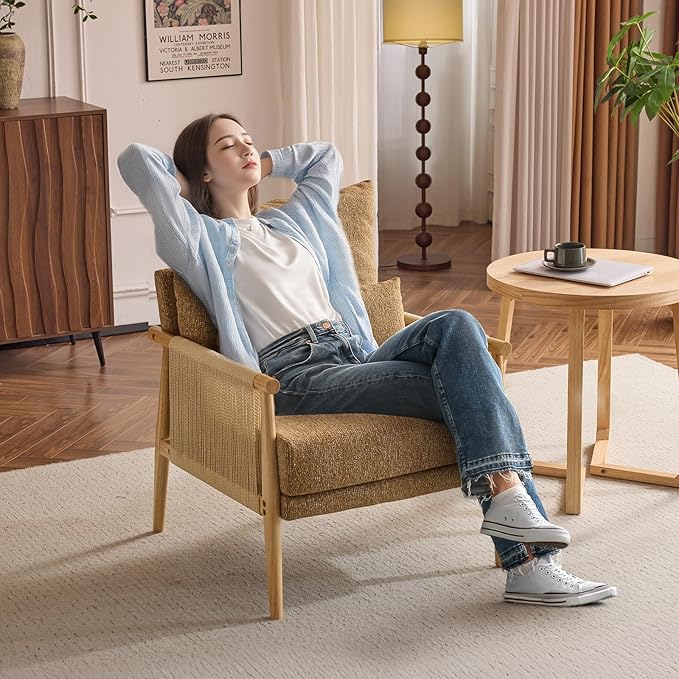 VINGLI Boho Braid Accent Armchairs Set of 2,Mid-Century Modern Chiars with Solid Wooden Armrest,Comfy Louge Cushion Chairs with Waist Pillow for Bedroom,Living Room,Reading Room, Khaki