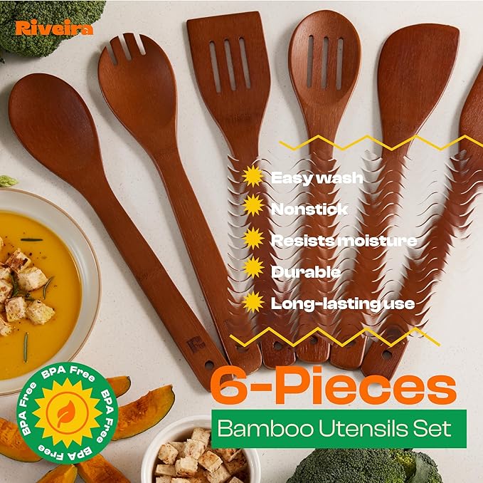 Riveira Premium Brown Bamboo Wooden Spoons for Cooking Set of 6 – Premium Brown Bamboo Wooden Cooking Utensils, Wooden Spatula, Wooden Spoon - Premium Quality Wooden Utensil Set for Non-Toxic Cooking
