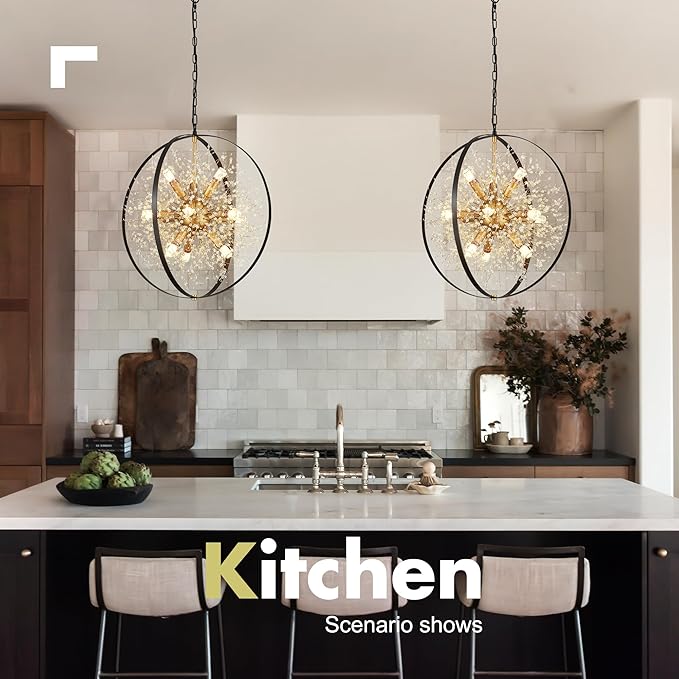 Modern Crystal Chandeliers Firework, 23.2'' Black Gold 12-Light Globe Dandelion Sputnik Chandelier, Hanging Pendant Lighting Fixture for Dining Room, Bedroom, Kitchen, Entryway, Foyer